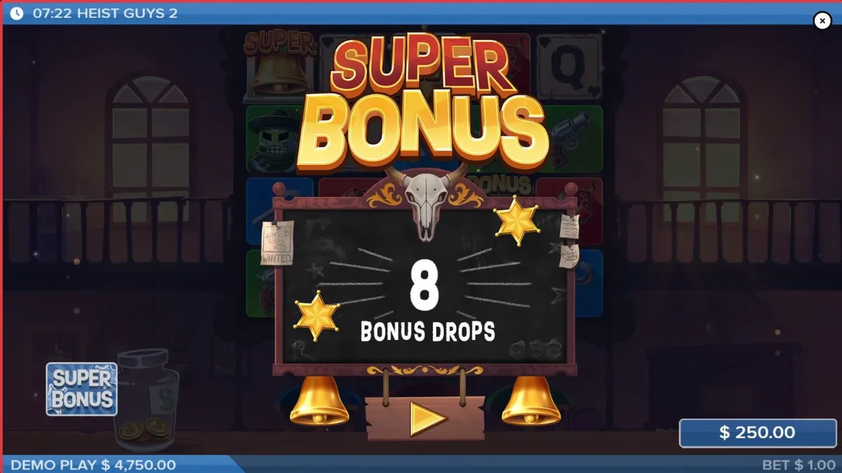 Heist Guys 2 slot game screen showing the western desert theme and characters