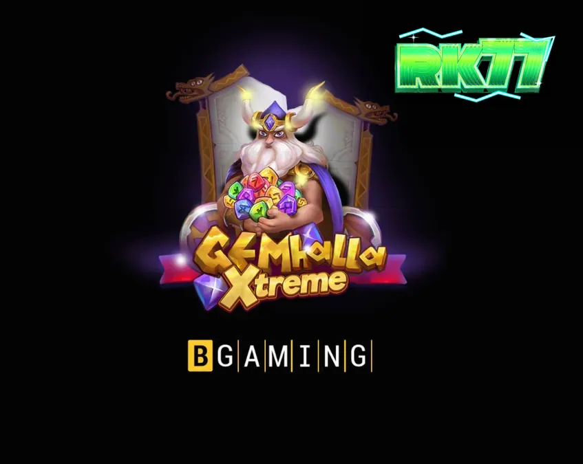 Thor berdiri di depan grid permainan Gemhalla Xtreme dengan latar belakang mitologi Nordik yang megah.